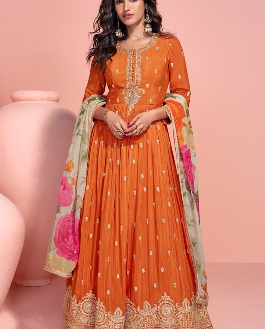 5793 - ORANGE DESIGNER EMBROIDERED PREMIUM CHINON SILK ANARKALI GOWN